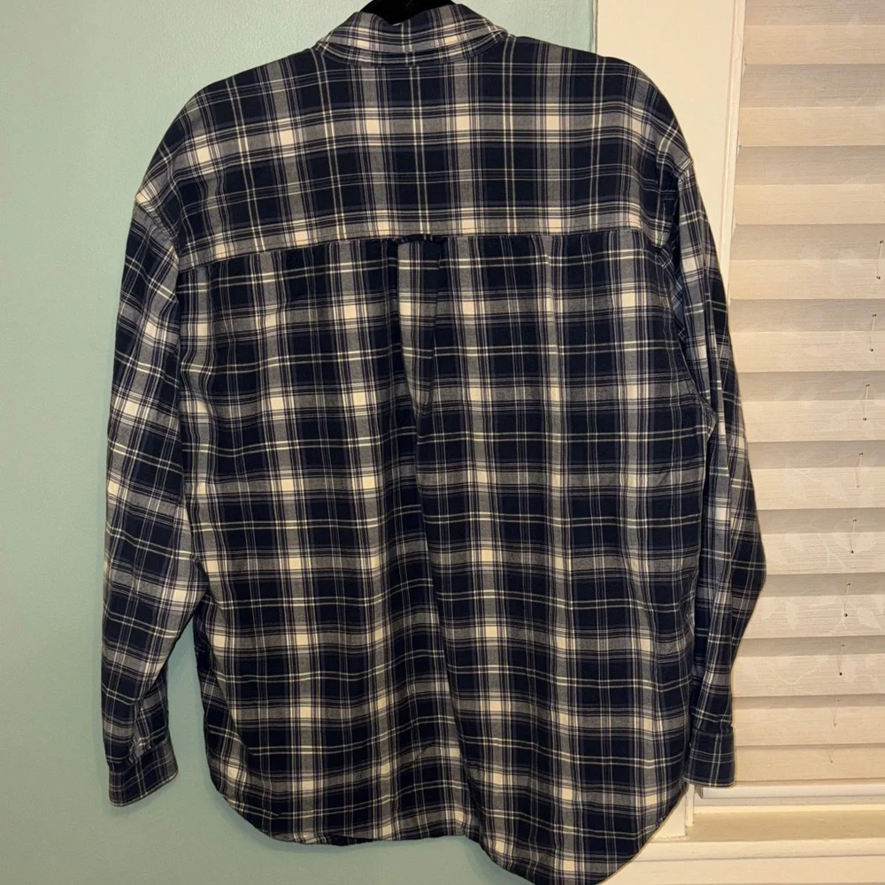 Eddie Bauer Plaid Button Down Shirt Men’s Large Navy White Flannel Casual - Picture 7 of 7